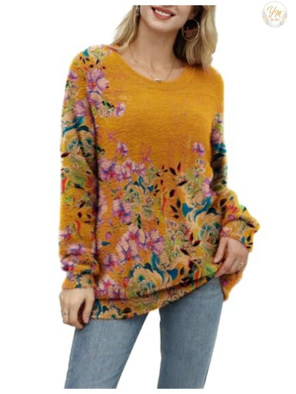 Women's Oversized Graphic Cat Pullover Sweater Crew Neck Long Sleeve Knit Tunic